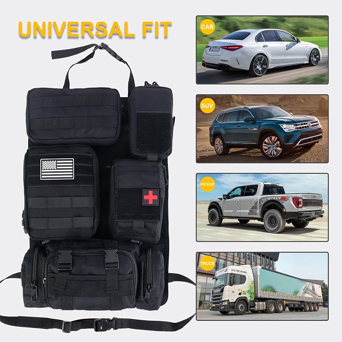 Universal Tactical Car Seat Back Organizer Bag Tactical Molle Vehicle Organizers Panel Gear Accessories with 5 Different Size Molle Pouches for Car Truck Ford Jeep Vehicle (B style-Black)