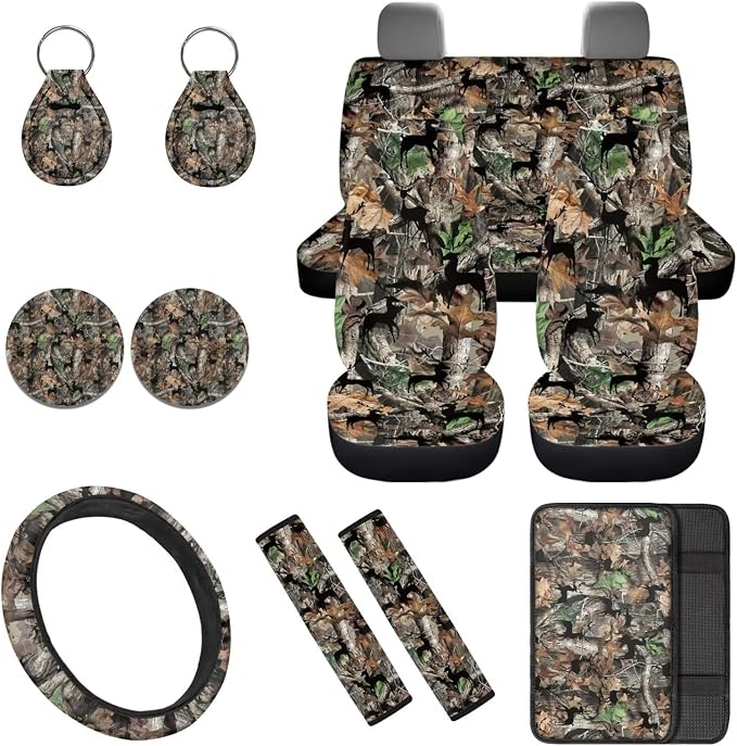 Camo Hunting Car Seat Covers Full Set 12 Pack Steering Wheel Cover Center Console Cover Cars Coasters Car Seat Belt Cover Universal Fit Automotive Most Cars