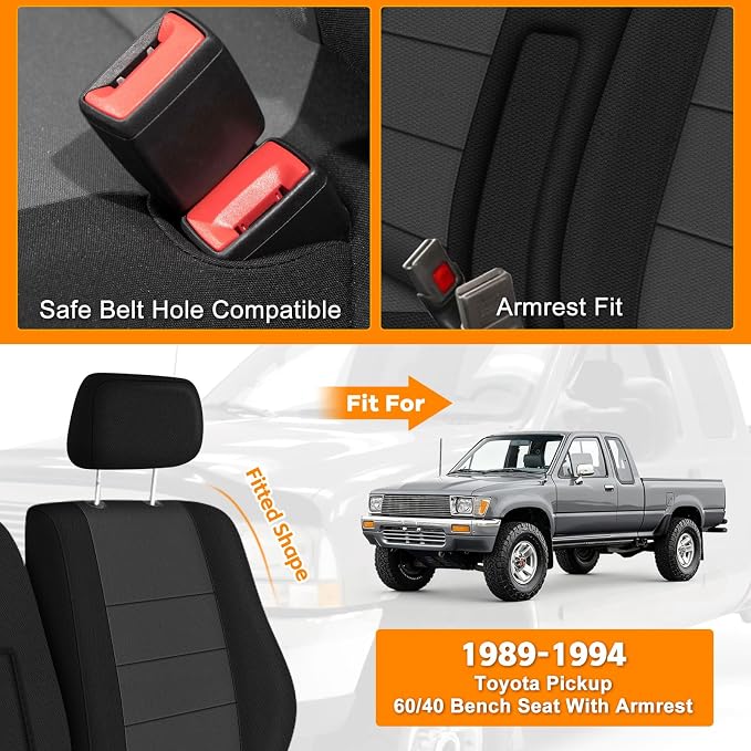 Truck Bench Seat Cover Compatible with 1989-1994 Toyota Pickup 60/40 with Armrest, Heavy Duty Knitted Sponge(Black and Charcoal)