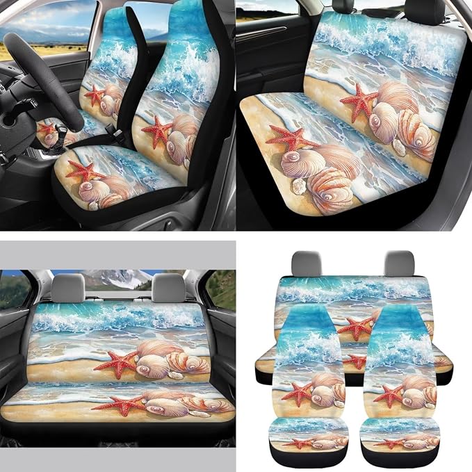Beach Starfish Print 15 PCS Car Seat Cover Set with Auto Steering Wheel Cover Seat Belt Strap Protector Cup Holder Trash Bag Rear View Mirror Protector Keychain