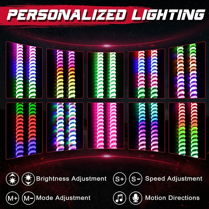 OFFROADTOWN 2PCS 4FT COB LED Whip Lights Bluetooth APP Remote Control RGB Lighted Whips Turn Signal Light Chasing Warning Light Antenna Spiral LED Whips for UTV SXS Polaris RZR Can-Am ATV Truck