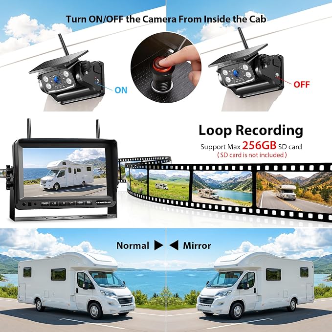 Magnetic Solar Wireless Backup Camera System, HD 1080P 7" Monitor with Rear View Camera for RV/Trailer/Fifth Wheels/Camper, Night Vision, Portable Rechargeable Battery, Loop Recording-ZEROXCLUB BS701