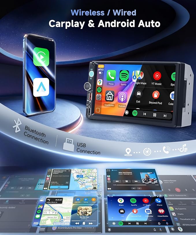 Double Din Car Radio with Wireless CarPlay Android Auto, 7 Inch Touchscreen Car Stereo 2 Din with Backup Camera Car Radio Support Mirror Link Bluetooth FM USB EQ Type C Steering Wheel Control