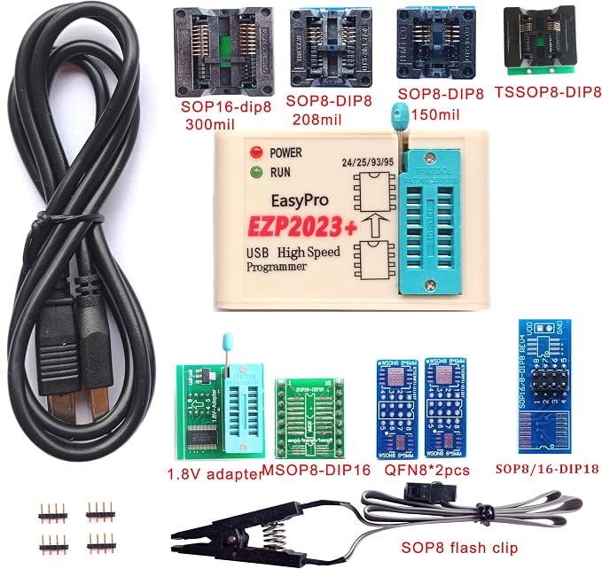 EZP2023 Programmer USB SPI 9 Adapters EZP2019 Upgraded Chip Writer Reader IC Test Clip 24 25 93 95 EEPROM Flash Bios Minipro Socket