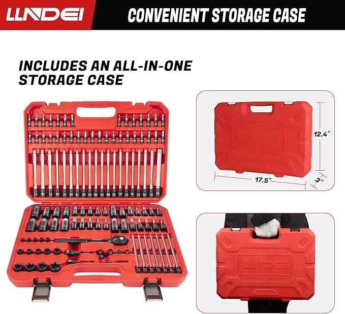 LLNDEI 115-Piece Torx & Allen Bit Socket Set, 1/4",3/8"and 1/2" Drive, Extra Long Torx//Tamper Proof Torx/Hex/Ball End Hex Socket Set, S2 Steel, SAE/Metric, with Ratchet Wrench & Adapters