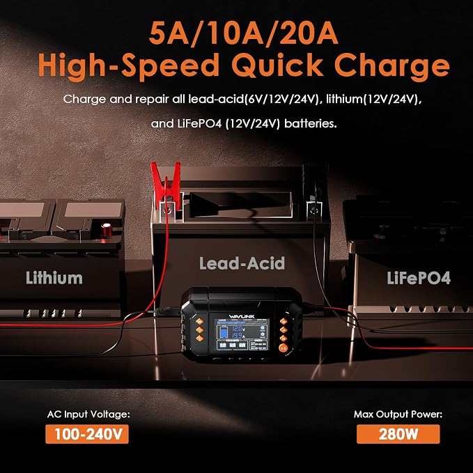 WAVLINK 280W Smart Battery Charger, Max. 20A Trickle Charger with LCD Display, for 6V/12V/24V Lead-Acid/Lithium/LiFePO4 Batteries, Battery Maintainer and Desulfurizer for Cars,Boats, Motorcycles