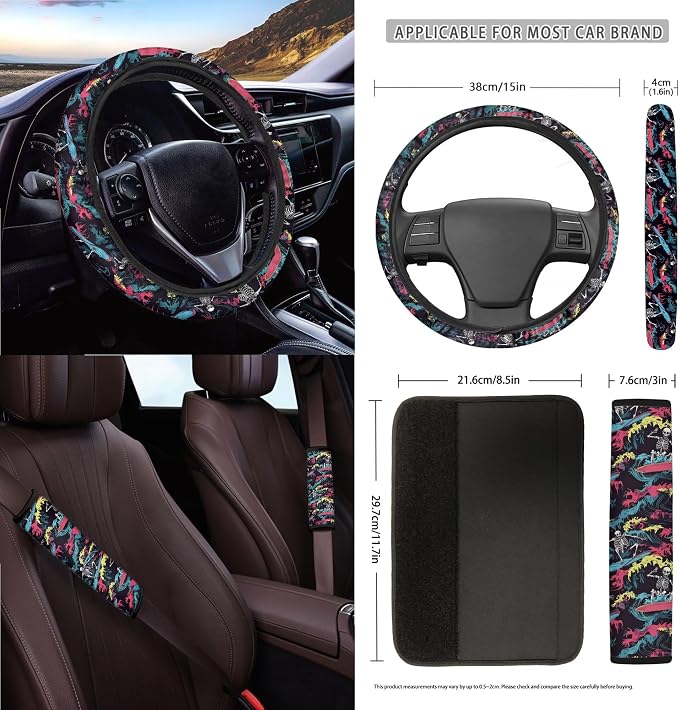 Skull Surfing Print Car Accessories Set Car Seat Covers Steering Wheel Covers Seatbelt Strap Cover Garbage Cans Air Vent Storage Bag Rear View Mirror Cover Cup Holder Key Chain, 15 Pcs