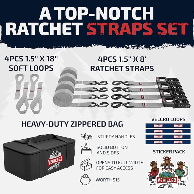 Vehiclex Motorcycle Ratchet Tie Down Straps with Soft Loops - 4PK Heavy Duty 1.5" x 8ft Kit, 4,400 lb Breaking Strength for Powersports, Silver