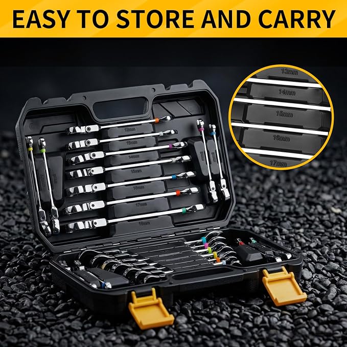GRENPRO 23PCS Flex-Head Ratcheting Wrench Set, Combination Ratchet Wrenches Set Metric and Standard & SAE with Organizer Box, 6-18mm & 1/4" to 3/4" with Color Ring, CRV Socket Mechanic Tools Sets