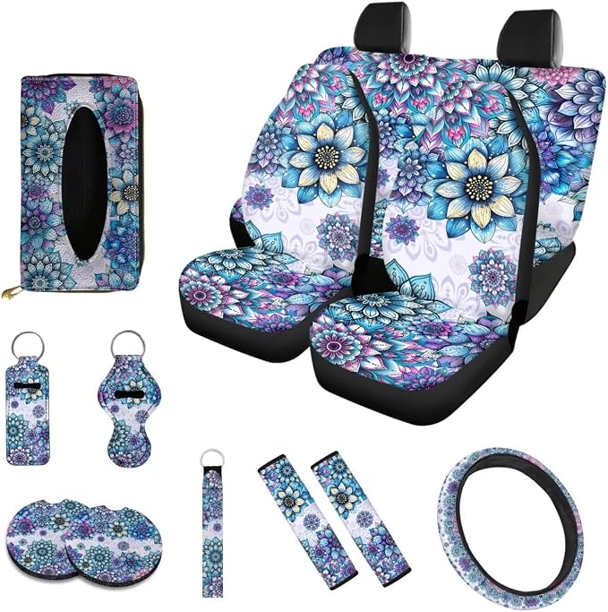 Poceacles Bohemian Flower Blue Violet 13 Pieces Car Accessories Full Set Includes Car Seat Cover Steering Wheel Shoulder Seat Belt Pads Cup Holder Chapstick Holder Tissue Box Keychain Decor