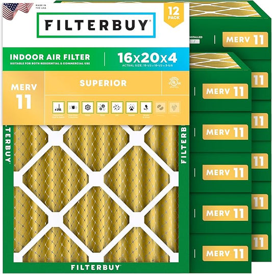 Filterbuy 16x20x4 Air Filter MERV 11 Superior Pet & Allergy Defense (12-Pack), Electrostatic Pleated HVAC AC Furnace Filters Replacement (Actual Size: 15.50 x 19.50 x 3.63)