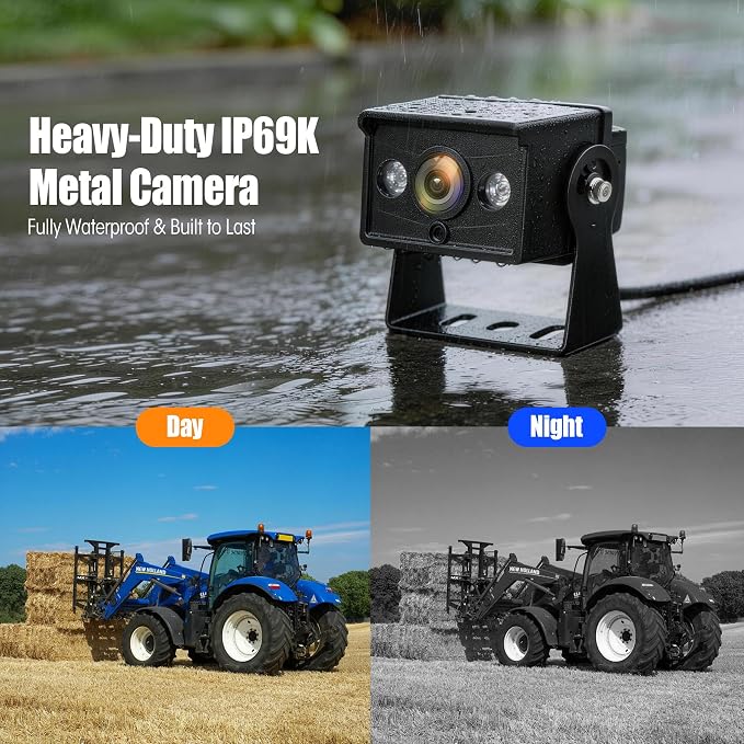 Wired Backup Camera System, 7.03" DVR IPS Touchscreen with AHD IP69K Water/Dust Proof Rear Camera for Skid Steer, Vibration-Proof 20G for Hitching, Tractor, Truck, Heavy Equipment, AYT103