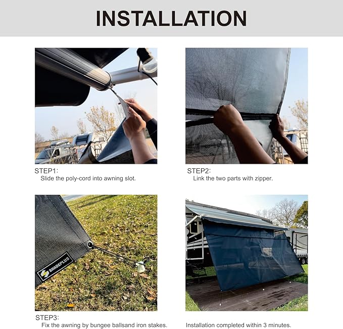 RV Awning Sun Shade Screen 8'x9'3''(Fit for 10' Awning),Black Mesh Shade Screen with Zipper,Universal Trailer Camper Awning Screen with Complete Kits,Improves Shadow and Privacy.