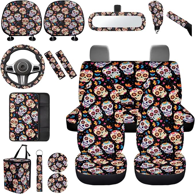 Skull Car Seat Covers Full Set of 17 Pcs,Universal Skull Floral Car Accessories for Women Man Automotive Interior with Auto Trash Bag Floral Auto Head Rest Covers,Washable Easy to Install