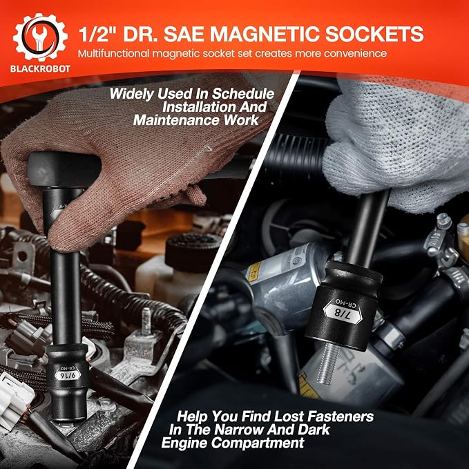 BLACKROBOT 1/2" Drive Magnetic Impact Socket Set, 10-Piece Shallow Socket Set with Storage Rail, SAE 3/8" to 1", 6-Point Magnetic Sockets, Cr-Mo Steel