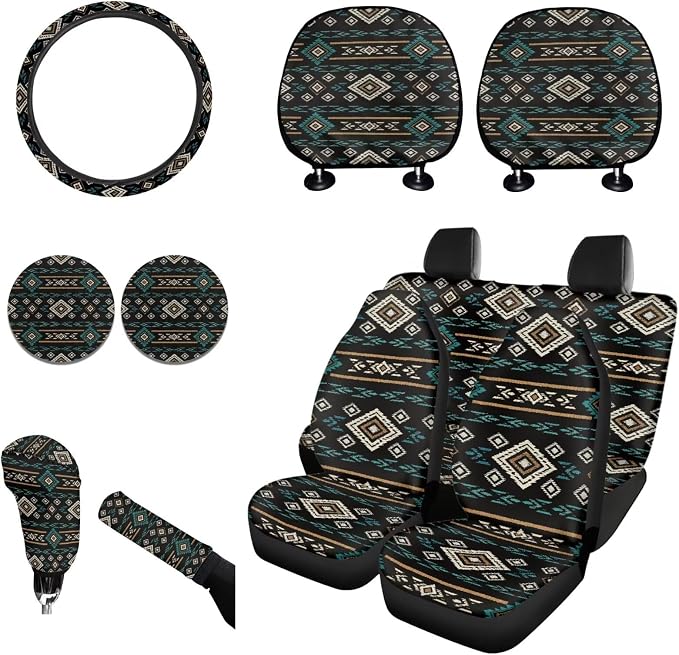Wanyint Car Seat Cover Set 11 PCS for Men Women, with Soft Breathable Steering Wheel Headrest Cover Handbrake Gear Shift Knob Cover Coasters, Southwest Aztec Black Blue