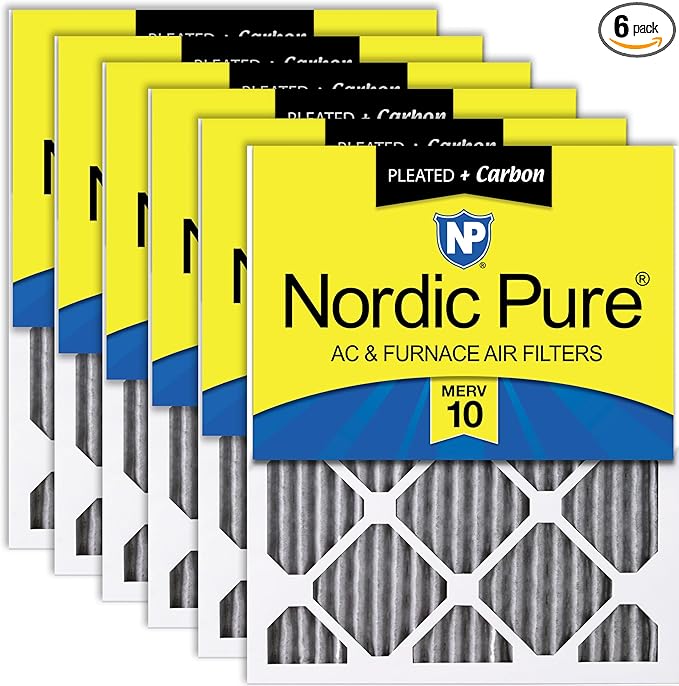 Nordic Pure 10x20x1 (Actual Size: 9 1/2 x 19 1/2 x 3/4) Furnace Air Filters MERV 10 Pleated Plus Carbon 6 Pack