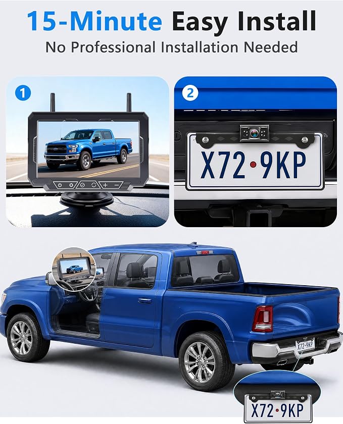 1080P HD 7-Inch Wireless Backup Camera: 15-Min Easy Install Plug & Play - Continuous Loop Recording with One-Button Playback Rear View Camera for Truck Pickup Car SUV Parking Safety Towing Assistance