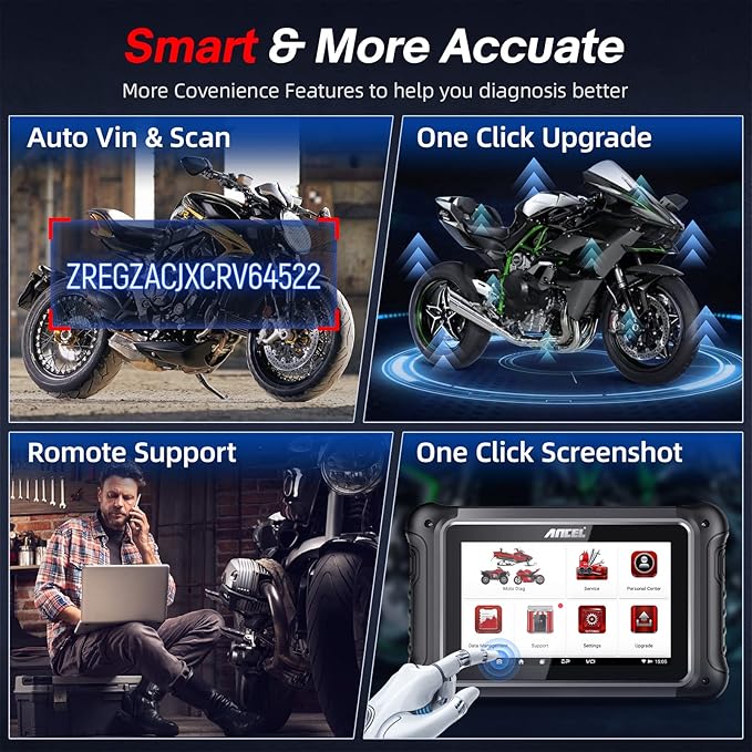 ANCEL MT700 Motorcycle OBD2 Scanner Full Systems, ABS Transmission Diagnostic Tool with 35+ Reset Functions for Aprilia/Benelli/MMW/BRP/Ducati/Harley/Honda/Indian/Suzuki,Android, 7” Touch Screen, 16GB