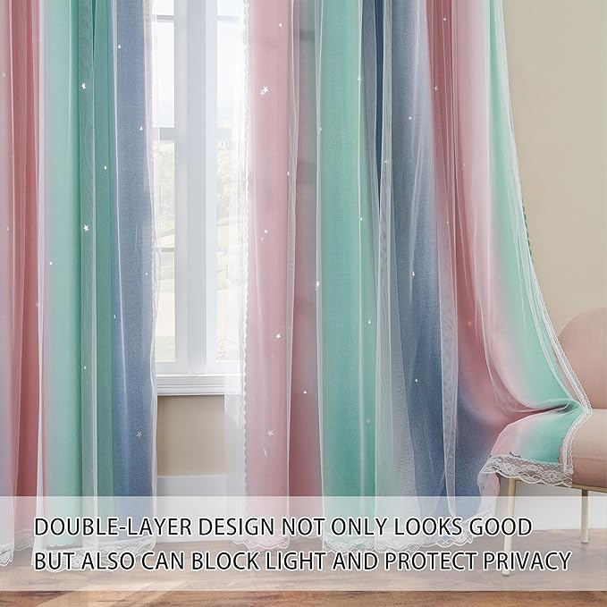 XiDi Pink Grey Green Girls Curtains for Bedroom Rainbow Blackout Short Curtains for Kitchen Cafe Window Room Darkening Kids Childs Nurser Room Wall Decor 45 inches Long 34 inches Wide 2 Panels Set