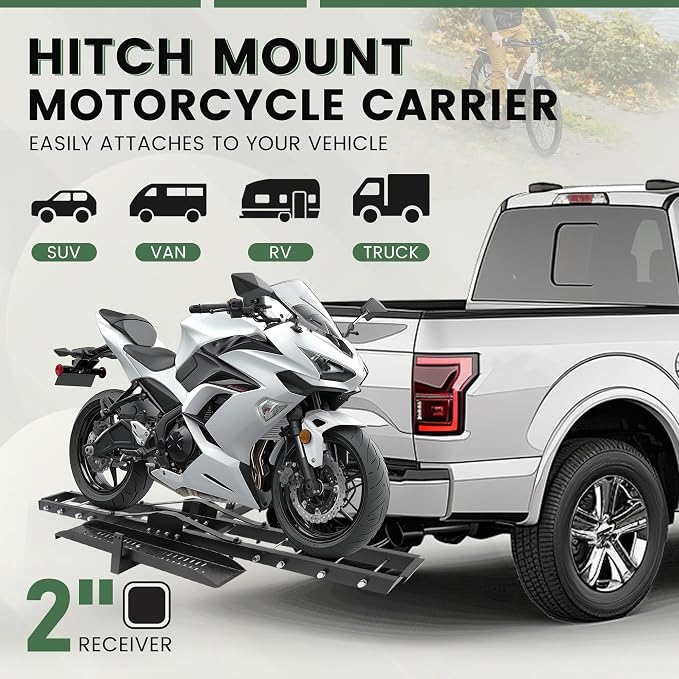 ECOTRIC 500LB Hitch Mount Motorcycle Carrier Transportation Racks Hitch Mount Rack Dirt Bike Hitch Truck Heavy Duty Steel Powder Coated Black w/Loading Ramp Tilt Stability Locking Device