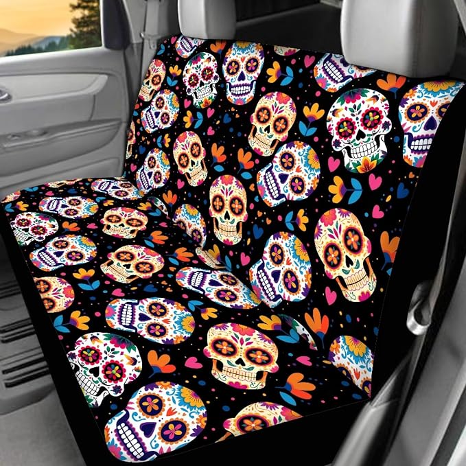 Skull Floral Car Seat Covers Full Set 17 Pack for Women Man Skull Print Car Accessories Set with Seat Belt Cover Pad,Steering Wheel Cover,Armrest Pad,Cup Coasters Car Floor Mats Set of 4