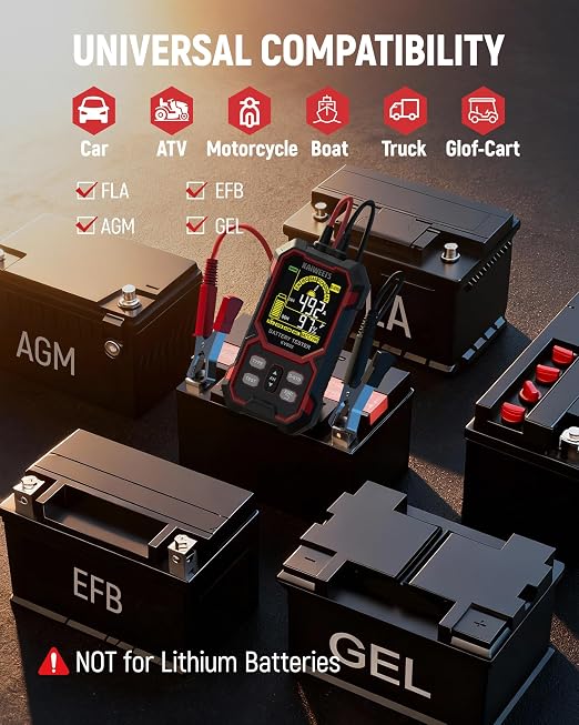 KAIWEETS Car Battery Tester, 12V/24V Automotive Battery Diagnostic Tool, 50-2000 CCA Load Capacity, Digital Battery Analyzer & Voltage Meter for Cars, Trucks, Motorcycles, SUVs, Boats & Marine Use