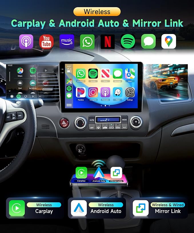 4G 128G Car Radio for Honda Civic 2006-2011 Stereo 10.1 inch Incell Touch Screen Wireless CarPlay Android Auto Android Head Unit DAB Bluetooth GPS 5G WiFi SWC Backup Camera