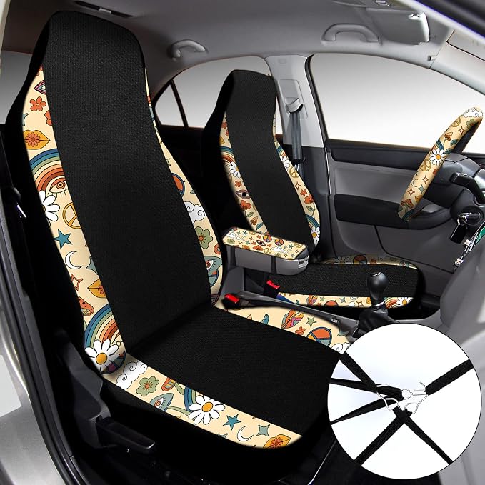 Riakrum 15 Pcs Car Seat Covers Full Set Space Car Covers for Front Rear Seat Steering Wheel Wrist Strap Armrest Pad Shoulder Pads (Daisy Style)