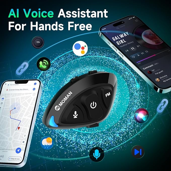 Moman Motorcycle Helmet Headset Speaker, RS-S Motorbike Helmet Headphone HiFi/Noise Cancellation/Auto Answer/FM Radio/AI Voice/IPX6 Waterproof with 2 Type Mics Earphone for All Helmets and Solo Riding