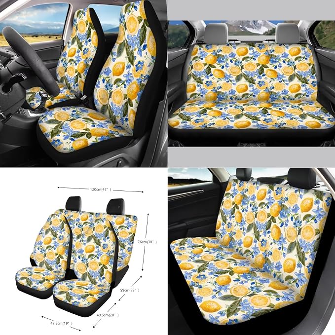 Lemon Print Car Seat Cover Sets for Women Full Set, Universal Decorative Auto Seat Covers with Steering Wheel Cover Seatbelt Pads Garbage Bag Car Air Vent Storage Bag Organizer