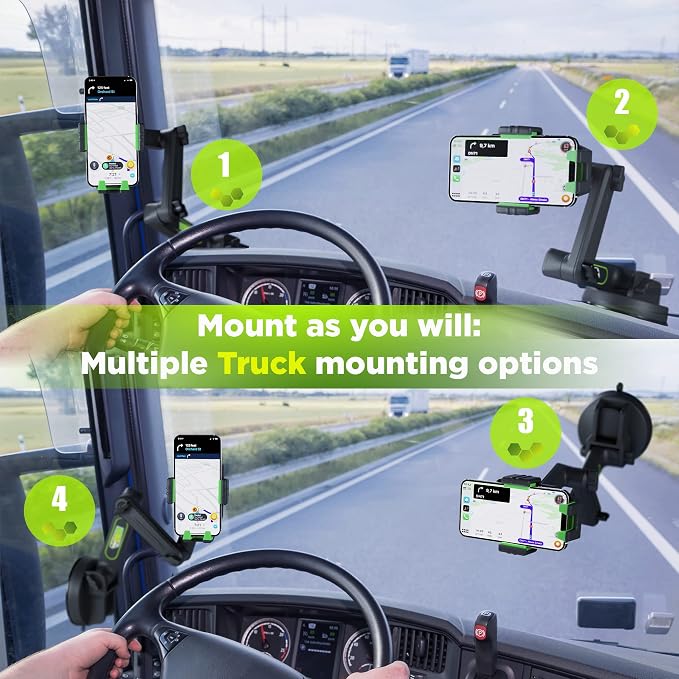Cell Phone Mount for Truck Phone Holder for Truck Drivers - Heavy Duty Suction Cup, iPhone Holder for Dashboard Window 16.9 inch Long, for iPhone & Samsung, Semi Trucker, Green