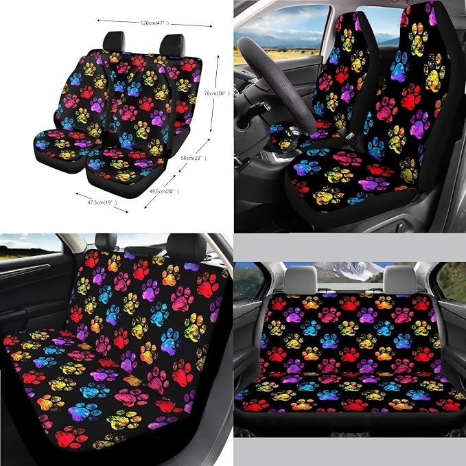 14 Pack Car Seat Covers Full Set Dog Paw Print Automotive Seat Covers with Steering Wheel Cover Center Console Pad Safety Belt Pads Gear Lever & Handbrake Covers for Dog Lovers