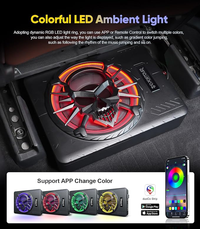 Seventour 10" 1200W Slim Under Seat Powered Car Subwoofer, Car/Truck Audio Sub Built in Amplifier amp Combo, with LED Ambient Light (Subwoofer + Mounting Wire Kit)