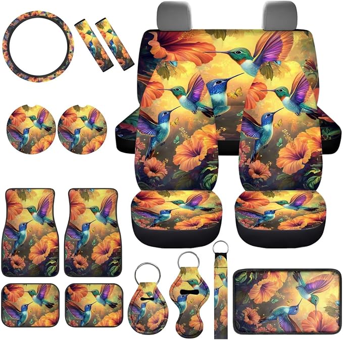 Hummingbird Flowers Car Seat Cover Set 17 Pack Hummingbird Car Interior Accessories Full Set with Seat Belt Shoulder Pad Car Arm Rest Cover Pad Universal Automotive Carpet Floor Mats Set of 4