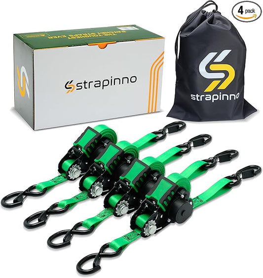 Strapinno Retractable Ratchet Straps - 1 in x 12 ft Heavy Duty Tie Downs, 1800lbs Breaking Strength Each, S Hooks with Safety Clip, AutoRetract, for Moving, Motorcycle, Boat, Kayak, and Cargo (4 PCS)
