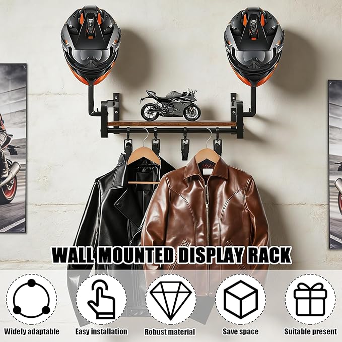 Helmet Wall Mount, Motorcycle Helmet Holder with Shelf, 2 Helmets Stand, 4 Glove Chips and 2 Hooks, Helmet Display Mount for Most of Helmet and Clothes