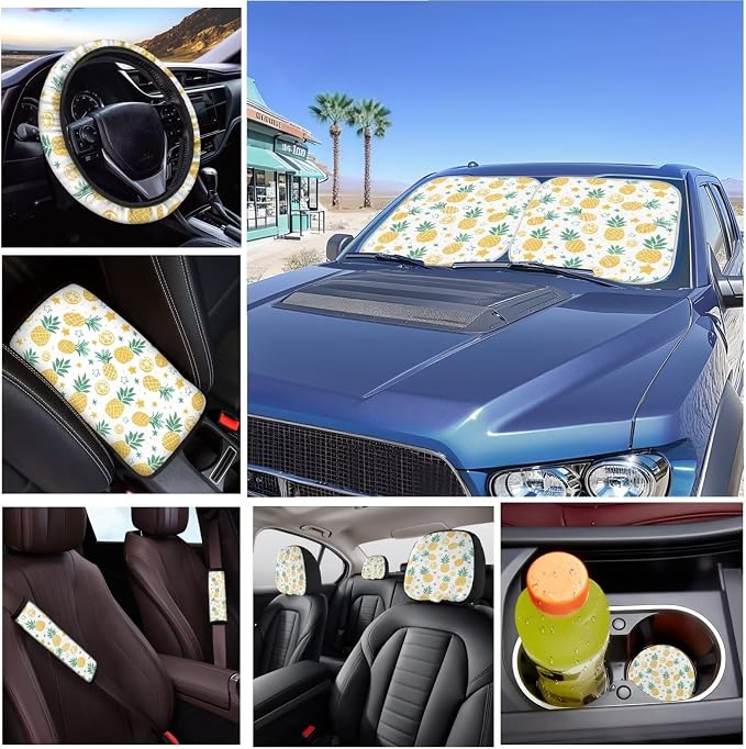 16 Pcs Pineapple Car Seat Covers Full Set Sun Shade Windshield with Steering Wheel Cover Seatbelt Pads Coasters Keychain Armrest Cushion and Pillow,Fruit Car Accessories Universal Fit