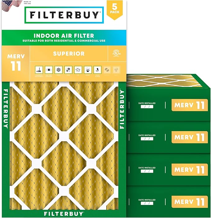 Filterbuy 12x24x4 Air Filter MERV 11 Superior Pet & Allergy Defense (5-Pack), Electrostatic Pleated HVAC AC Furnace Filters Replacement (Actual Size: 11.50 x 23.38 x 3.63)