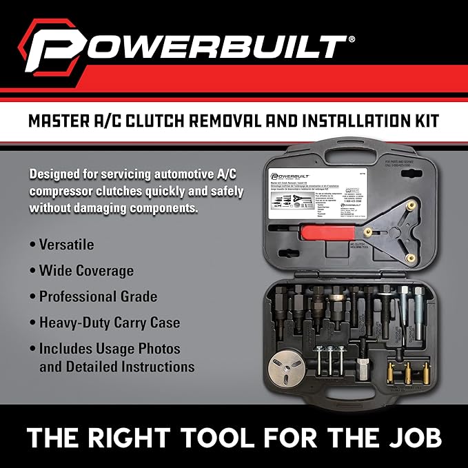 Powerbuilt Master AC Clutch Removal & Installation Tool Kit, Service Automotive AC Compressor Clutches, Holding Tool, Installer, Remover - 647756, Black, 23 Piece