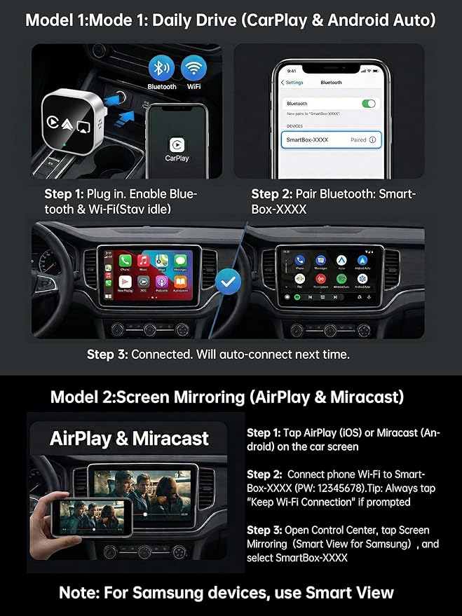 4-in-1 Wireless CarPlay & Android Auto Adapter – AirPlay & Miracast Media Hub – Seamless for Mixed Families – 5.8GHz Low-Latency & Auto-Connect – Factory Wired Cars Only (Lunar Silver)