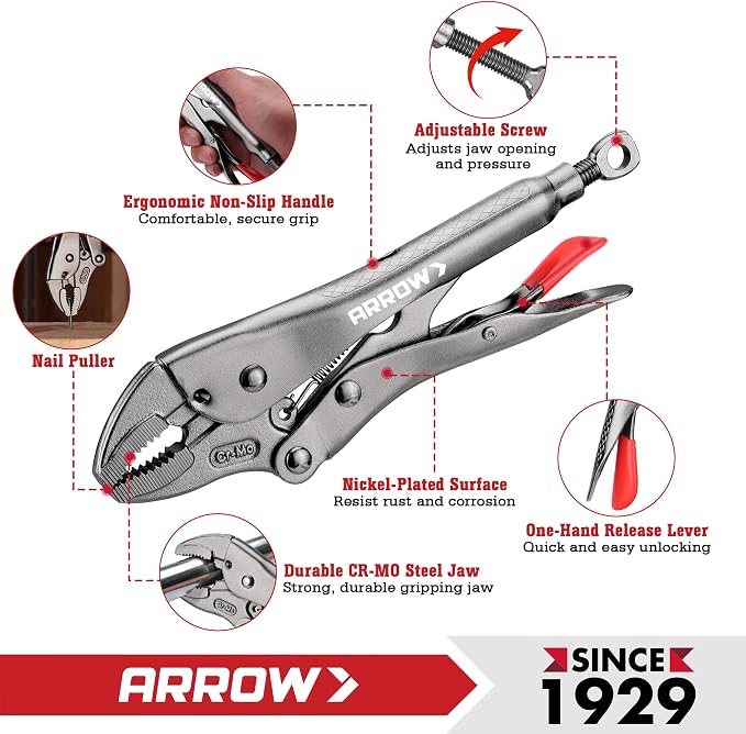 ARROW 7-piece Locking Pliers Set with Rolling Pouch, Chromium-Molybdenum Vice Grips, 5"/7" Curved Jaw, 6.5"/9" Long Nose, 7"/10" Straight Jaw, 10" V-Jaw Vise Grip Pliers