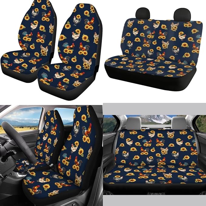 Mumeson Sunflower Rooster Car Seat Covers + 2 Pack Soft Car Seatbelt Covers Shoulder Cushion + Steering Wheel Covers Sweat Absorption + Car Armrest Cover Center Console Mats 8 Pack Set