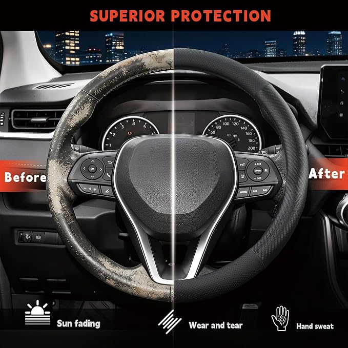 Steering Wheel Cover for Toyota Camry, Tacoma, RAV4, Corolla, Highlander, Sienna, Avalon, Prius, Standard Size 14.5-15" (Matte Carbon Fiber)