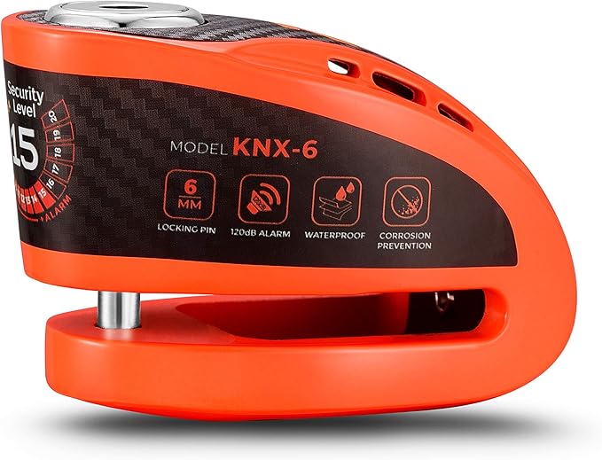 Kovix KNX6 Steel 120dB Siren Disc Brake Lock 6mm Lock Pin IP67 Waterproof Motorcycle Security Fluorescent Orange