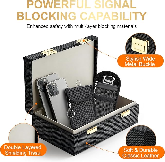 Faraday Box for Car Keys & 2 Faraday Bags, Key Fob Signal Blocker Box, Premium Rfid Blocking Box & Rfid Pouch, Keyless Entry Car Key Fob Protector Shielding Cage Black - 8.38" x5.15" x 2.76"