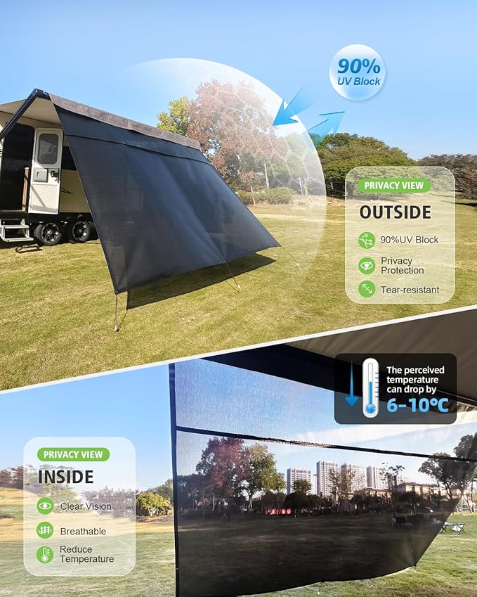 Dulepax RV Awning Shade Screen with Zipper 8'X9'3'' -Second Generation RV Awning Screen Significantly Improves Shadew and Privacy.Universal RV Awning Sun Shade Screen with Complete Kits