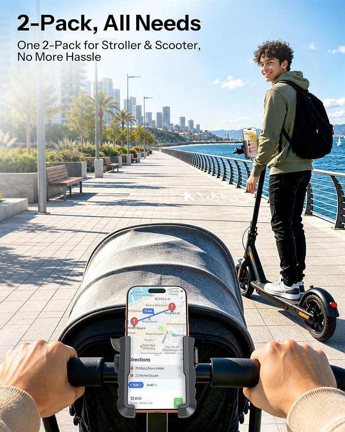 OMOTON Bike Phone Holder 2-Pack, Anti-Vibration Shockproof Motorcycle Phone Mount with Quick Lock & 360° Swivel - Fits Handlebars & Rearview Mirror, for iPhone Samsung All Phones, Black & Black
