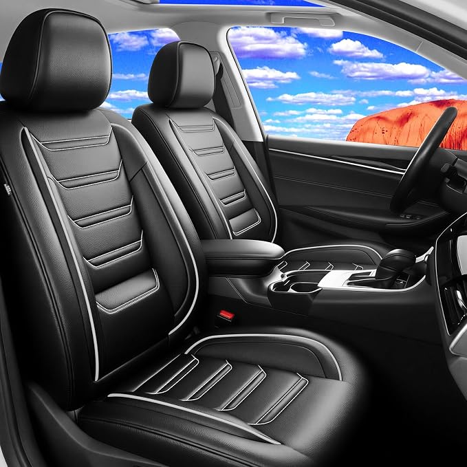 Fit XT4 Car Seat Covers for Select Cadillac XT4 2019-2026, Premium Full Coverage Leather, Airbag Compatible, Scratch-Resistant, Waterproof, All Weather Seat Protector, Full Set, Black+White