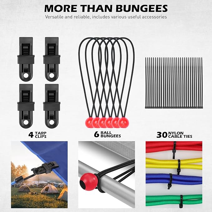 60-Piece Bungee Cords Assorted Sizes - 10" 18" 24" 32" 40" Bungee Cords with Hooks, Heavy Duty Outdoor, Large Medium Small Mini Elastic Canopy Tarp Bungee Ball Ties Tarp Clips Organizer